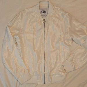 Zara White Satin Bomber Jacket